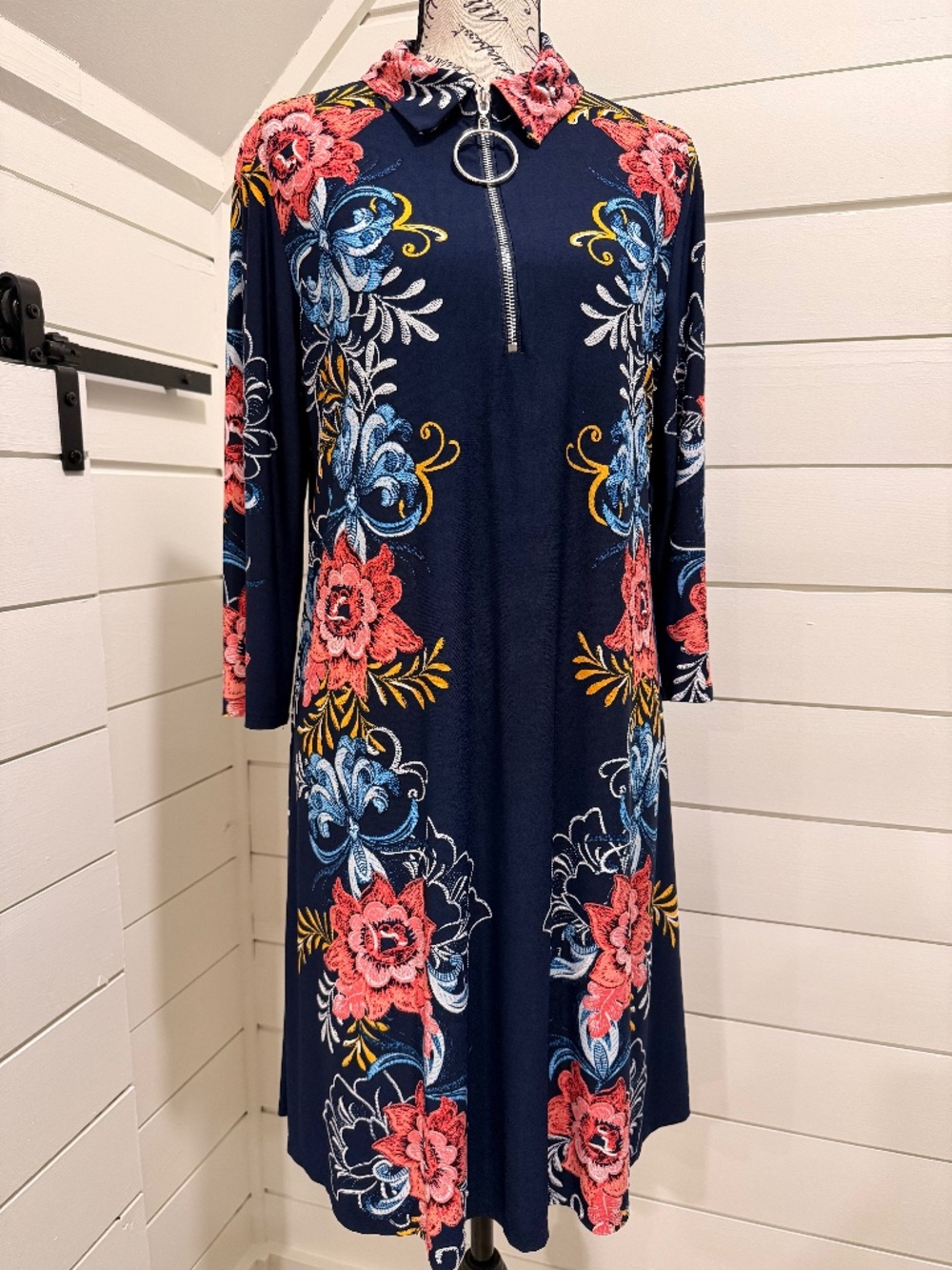 MSK Floral Zip Neck Midi Dress – Women's Large | Navy Multi | 3/4 Sleeve